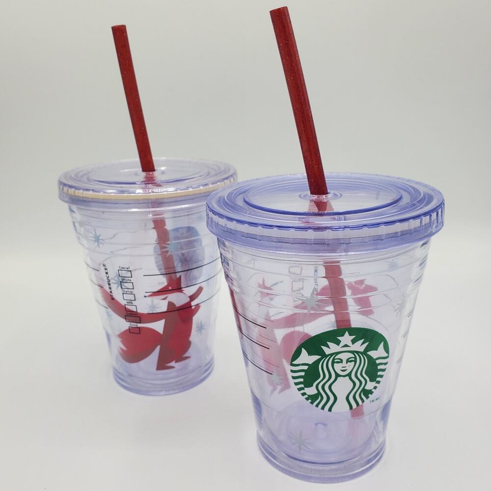 Starbucks 2012 Red Fox Holiday 12oz Tumbler Cold Cup Straw Set Winter